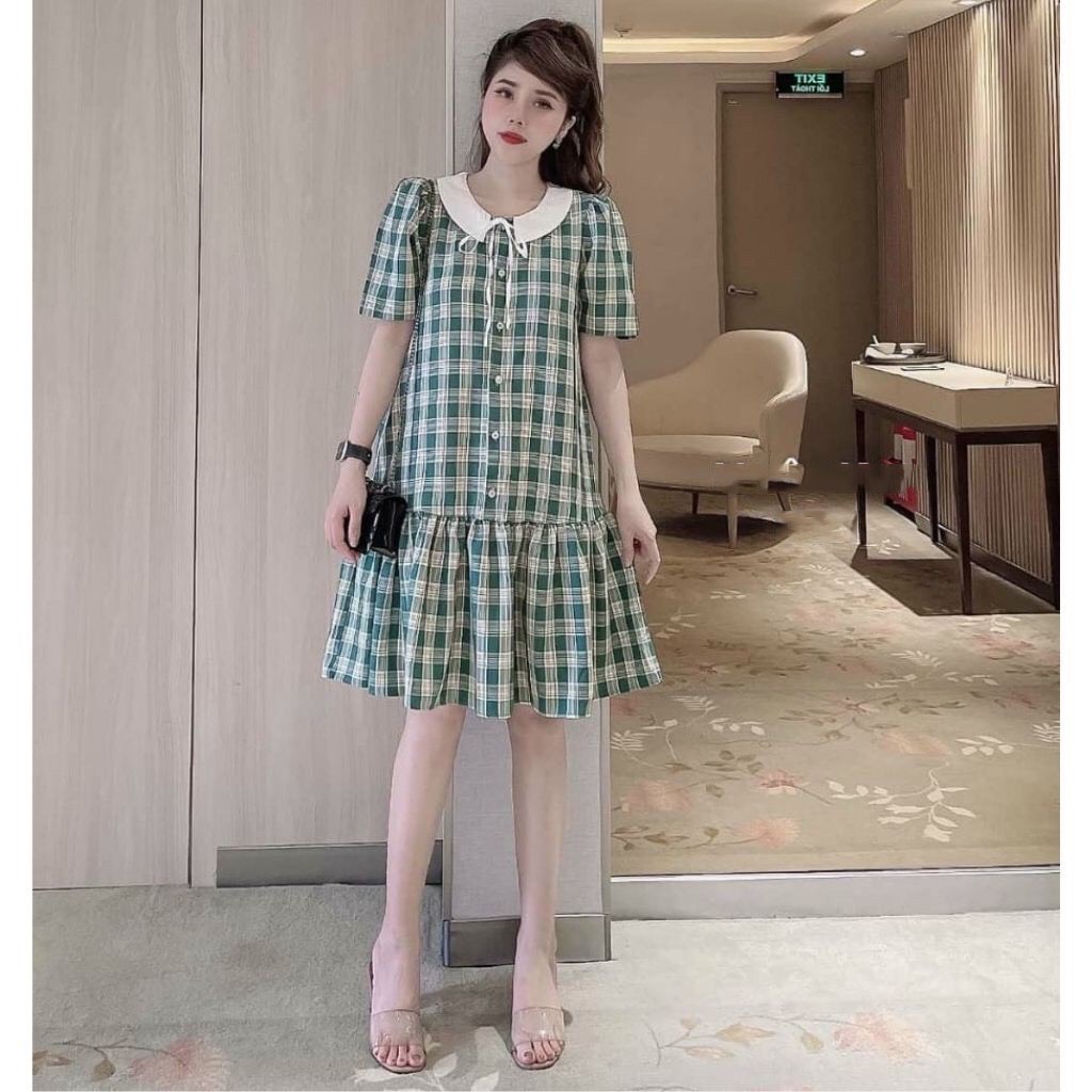 Váy bầu kẻ đầm bầu công sở kẻ xanh full size S/M/L