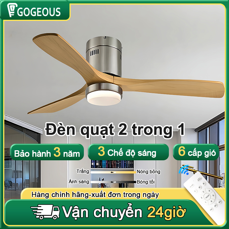 GOGEOUS【Miễn phí vận chuyển Quạt trần phòng khách quạt trần đèn quạt trần 3 cánh,Động cơ đồng nguyên chất Inverter,quạt trần có đèn,quạt trần cánh gỗ