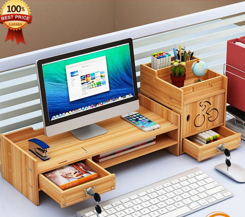 Kệ để bàn kệ tài liệu để bàn kệ gỗ kệ để màn hình máy tính ngăn kéo nhỏ có ổ khóa