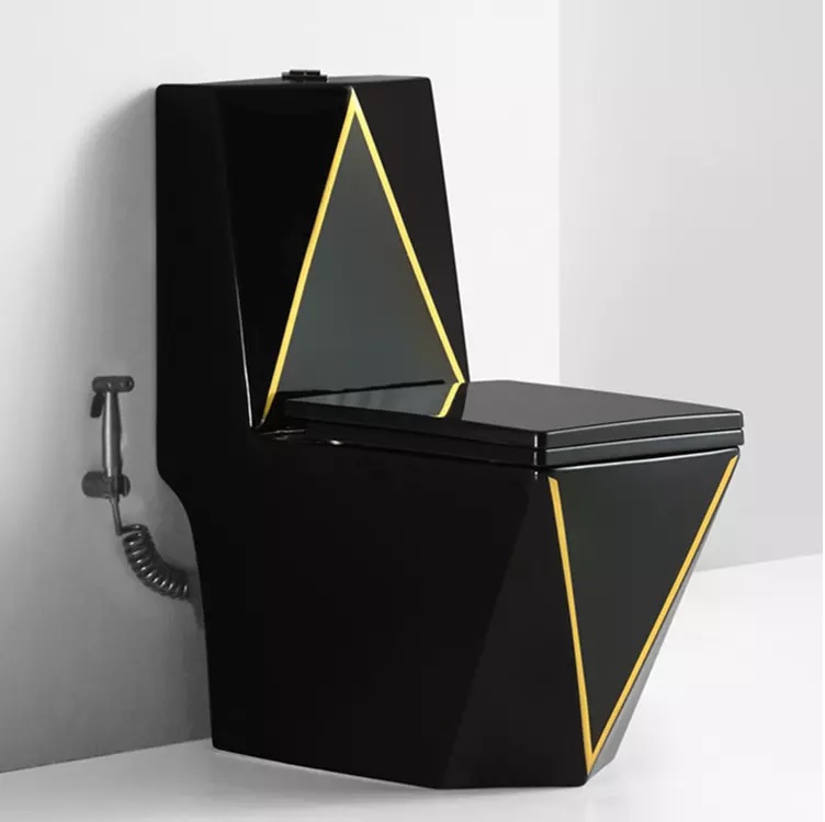Bồn cầu 1 khối kim cương màu đen viền vàng sang trọng