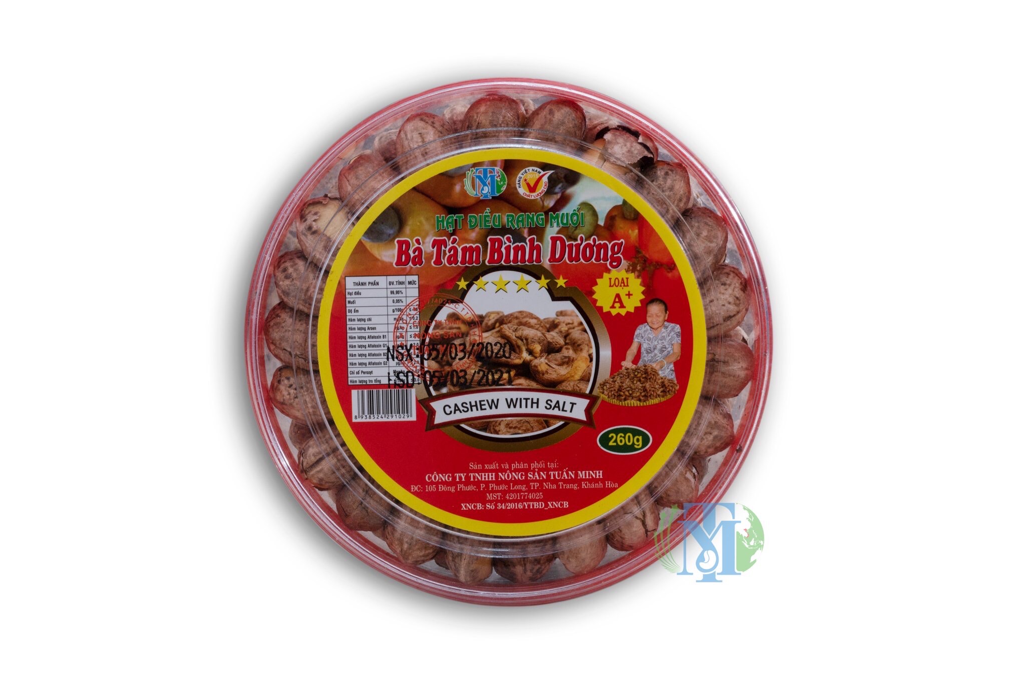 Hạt điều rang muối bà tám bình dương, nông sản tuấn minh, hộp 500gr