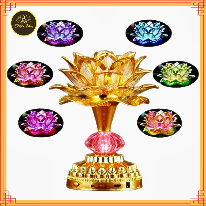 Đèn thờ LED đổi màu hoa sen 8 bài tụng kinh - Dùng cả pin và sạc đồ thờ cúng