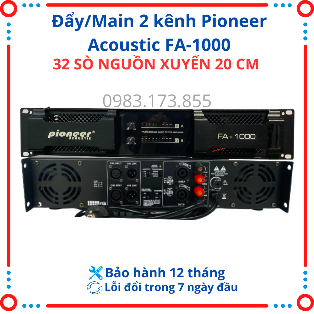 (Technology of JAPAN)Cục đẩy công suất  2 kênh, Main Pioneer FA-1000 & JG D-860A, 2x1200w/kênh/4 ôm - 32 sò Nhập Khẩu, Nguồn Đồng.