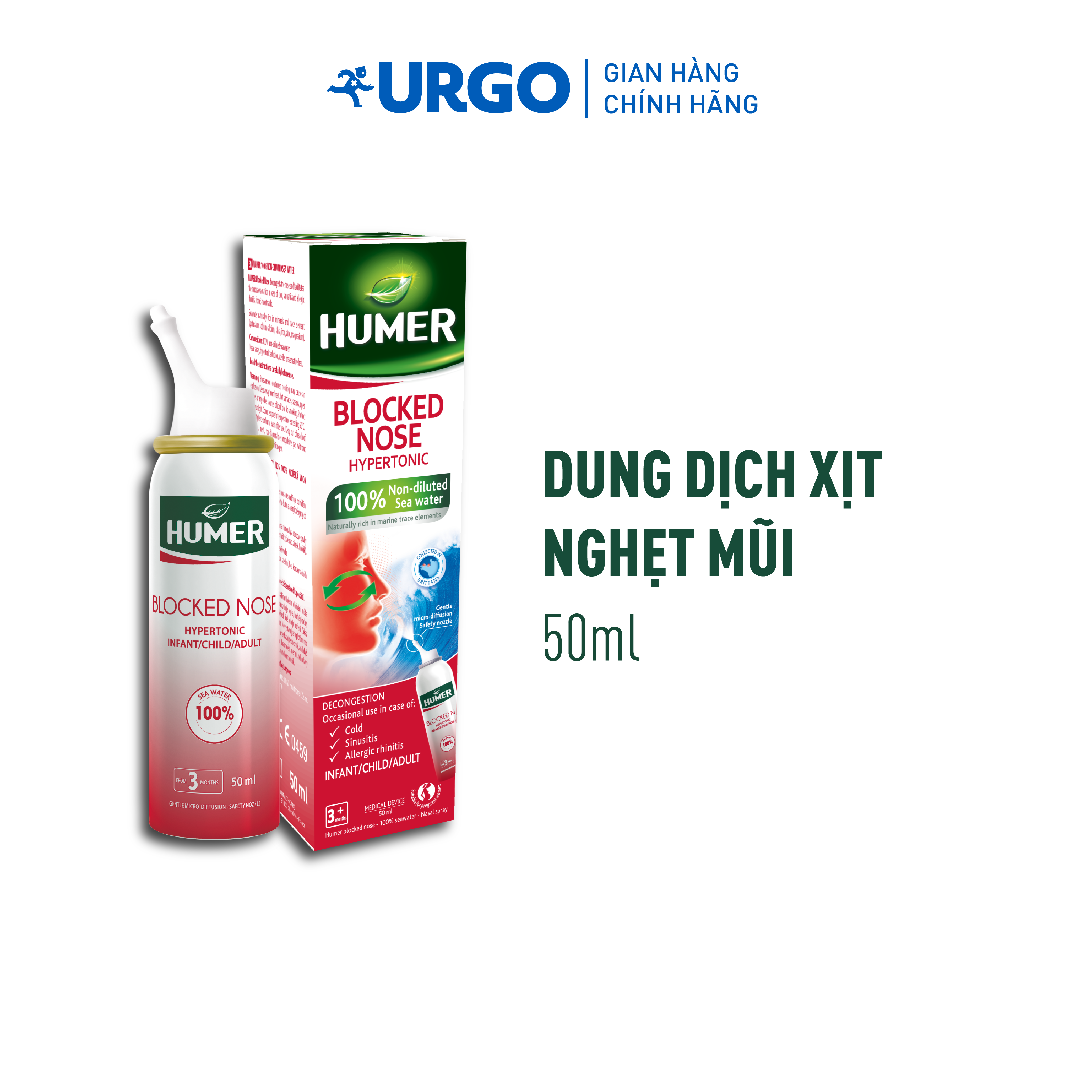 Humer - Dung dịch xịt mũi giảm Nghẹt mũi dùng cho Trẻ sơ sinh/Trẻ em/Người lớn - 100% nước biển - Thông mũi - 50ml
