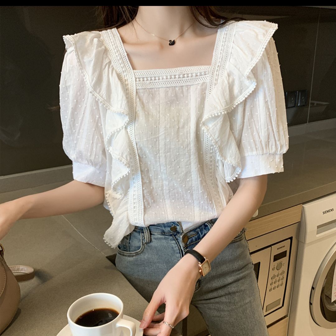 áo kiểu cổ vuông cộc tay bèo cánh tiên ulzzang ảnh thật