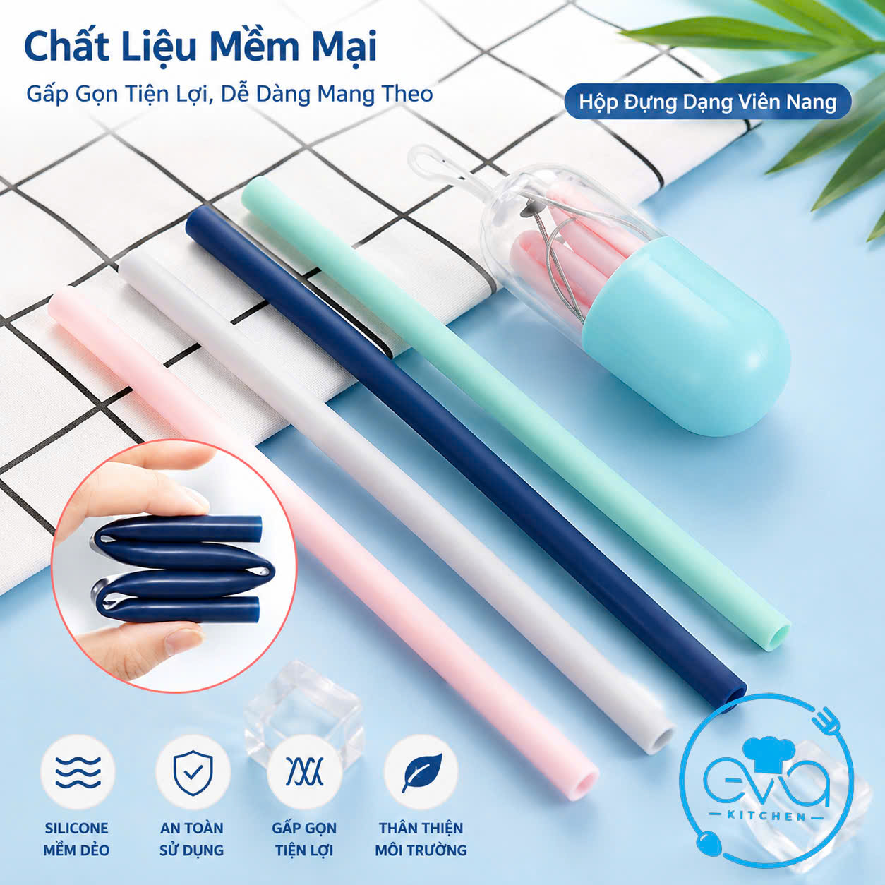 Bộ Ống Hút Silicon Gấp Gọn Tái Sử Dụng Kèm Hộp Đựng Viên Nang Và Cọ Vệ Sinh Tiện Lợi
