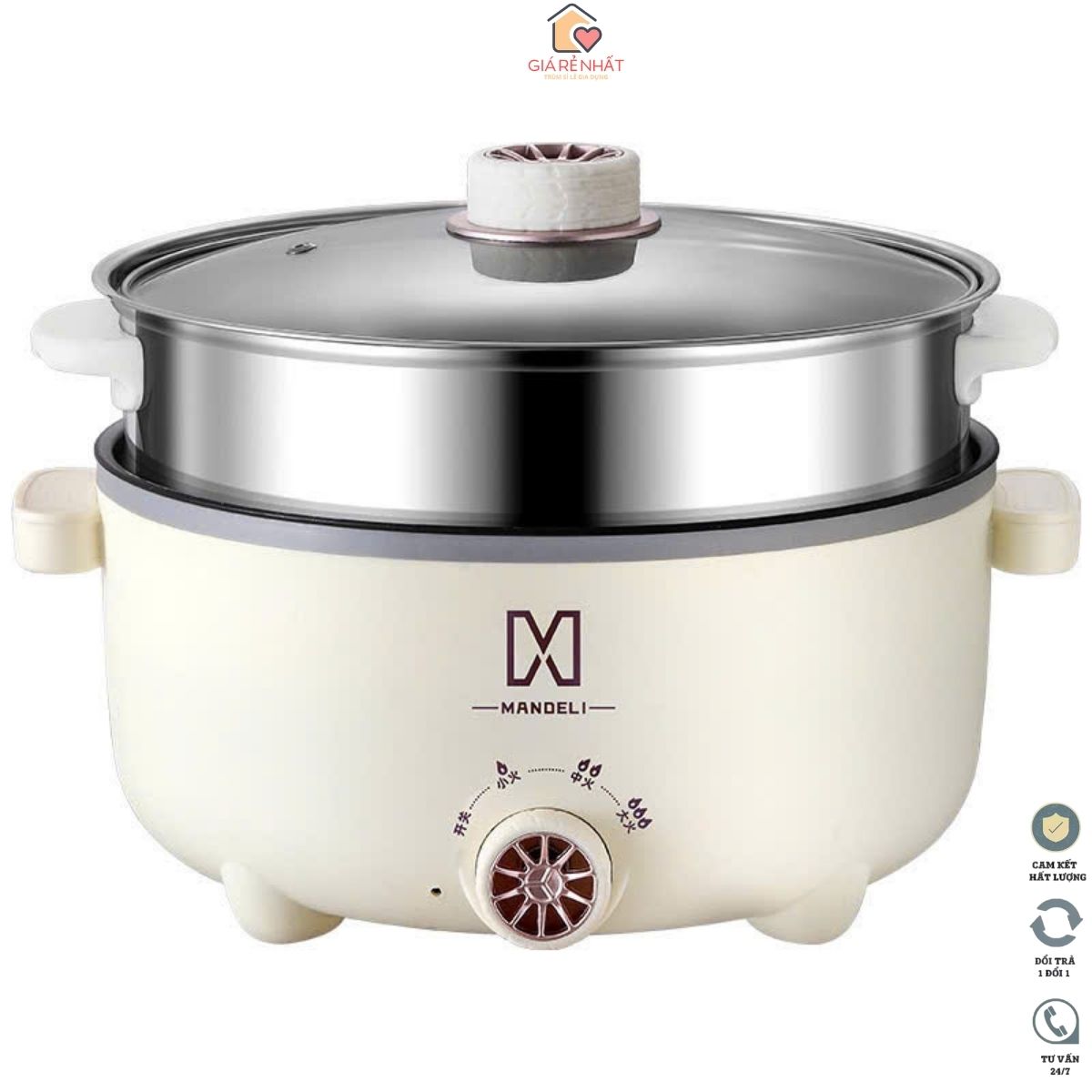 Nồi lẩu điện mini đa năng 28cm Công suất 1000W Dung tích 4 Lít Phong cách Bắc Âu 3 nấc điều khiển nhiệt, BH 6 Tháng
