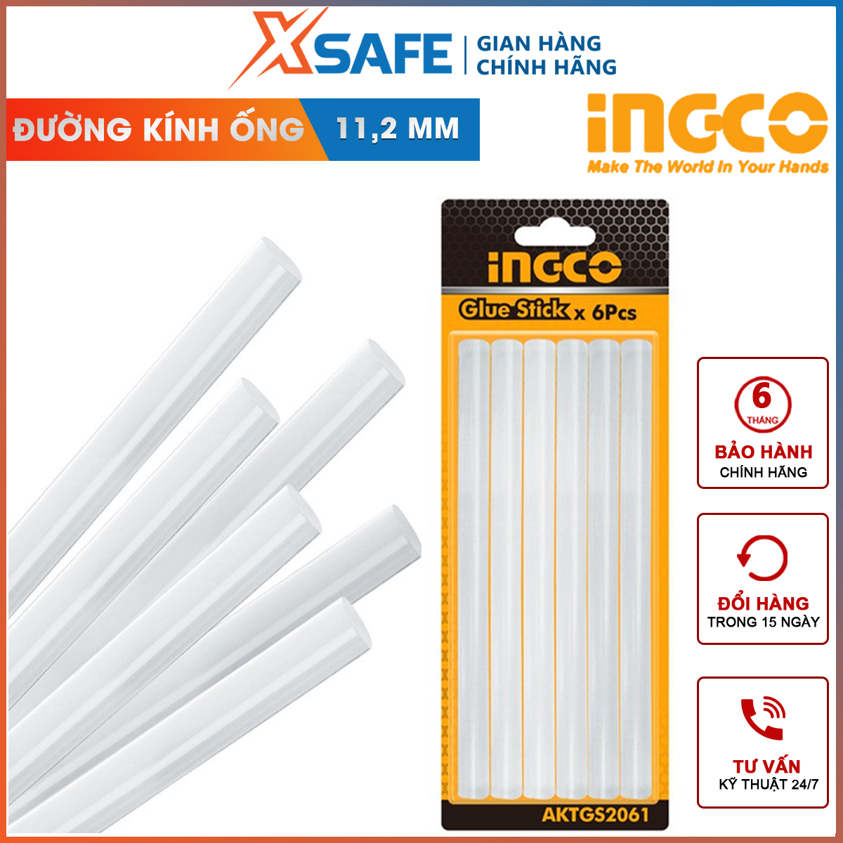 Keo nến INGCO AKTGS2061 | keo nhựa hàn gồm 6 thanh keo, chiều dài ống 20cm, đường kính ống 11,2mm gắn các linh kiện điện tử, đồ nhựa, đồ vải