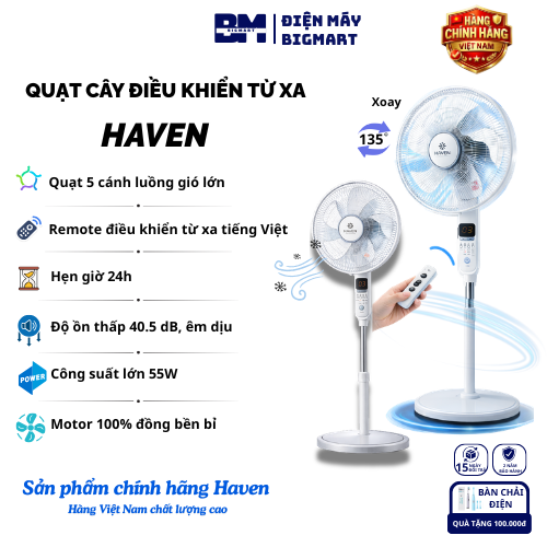 Quạt cây HAVEN chính hãng công suất 55W điều khiển từ xa 5 cánh gió mạnh hẹn giờ 24h, motor 100% đồng bền bỉ, bảo hành 2 năm