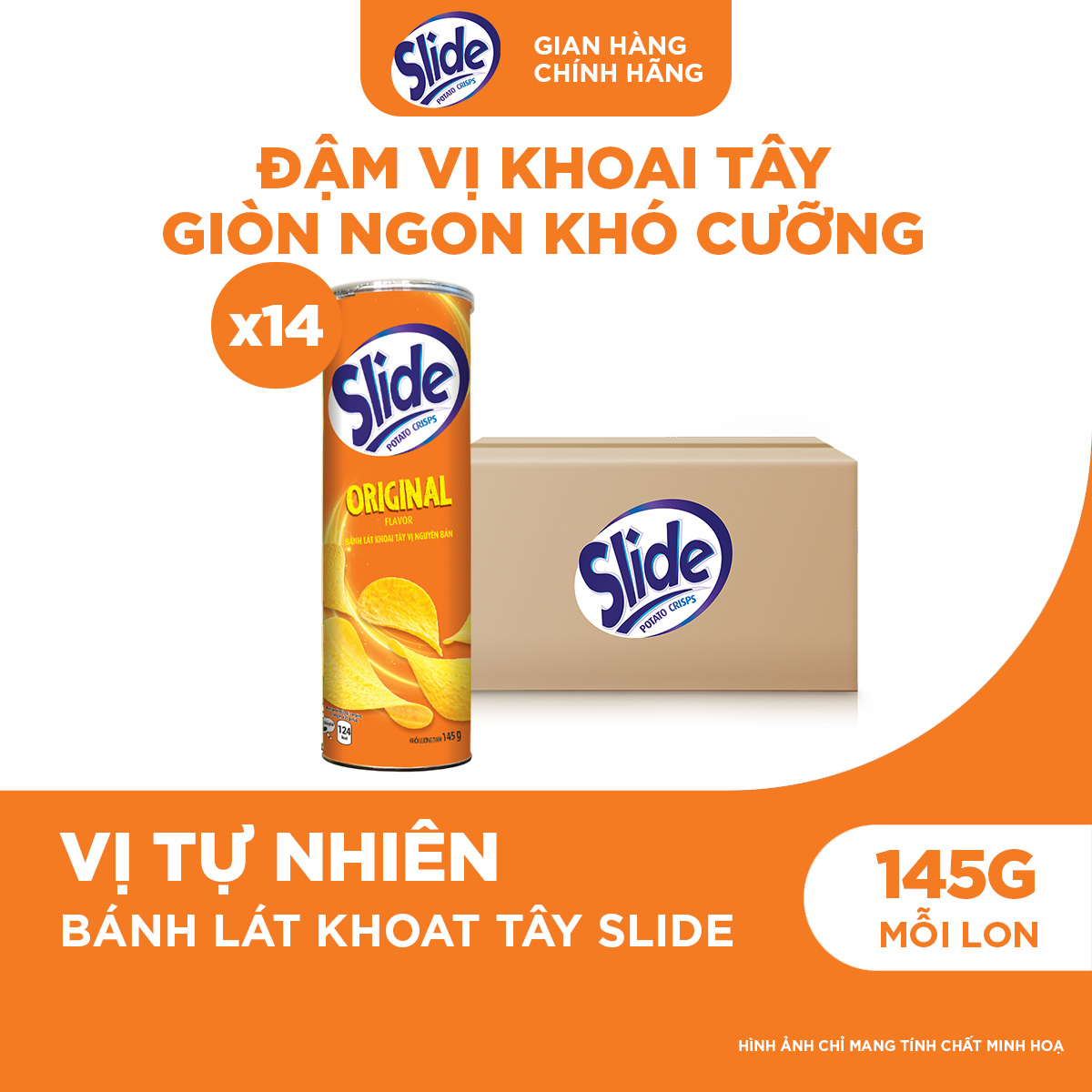 Thùng 14 Lon Bánh Lát Snack Khoai Tây Slide Vị Vị Tự Nhiên 145g