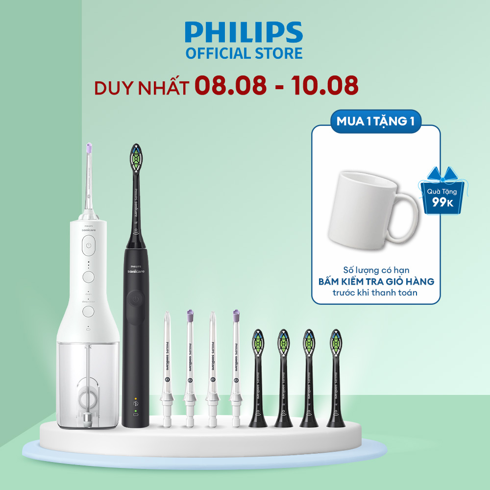 Bộ bàn chải điện philips hx3671/54 + 4 đầu thay thế hx6064/96 + máy tăm nước hx3826 + 2 đầu thay thế hx3042 + 2 đầu thay thế hx3062 bảo hành chính hãng 2 năm