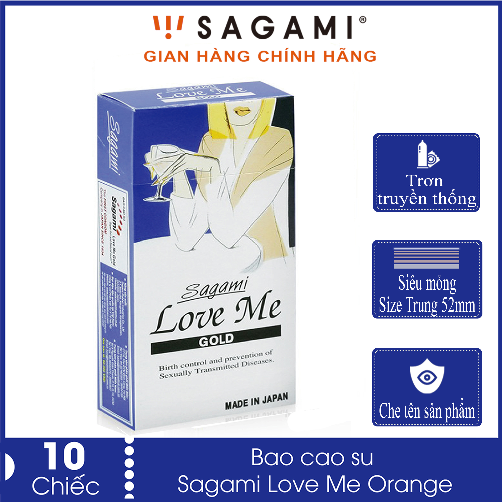 Bao cao su Sagami Love Me Gold – Hộp 10 chiếc, mỏng, co giãn tốt