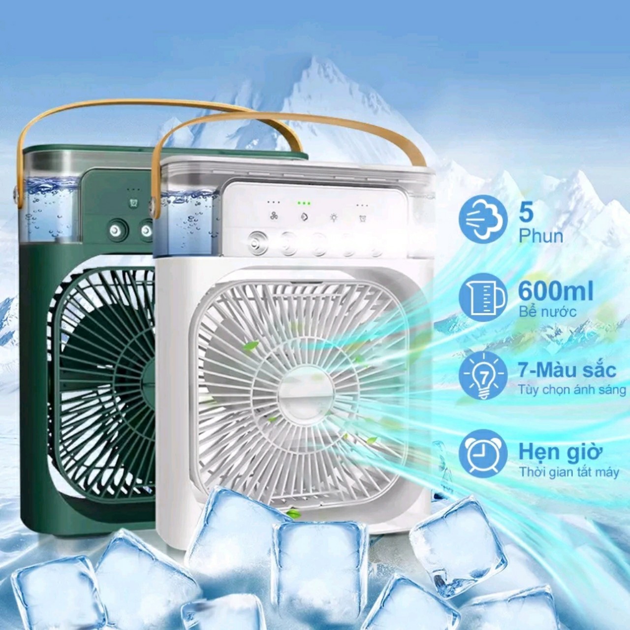 Quạt phun sương tích hợp đèn led siêu sáng - quạt đèn sạc tích điện mini để bàn cầm tay tiện dụng.