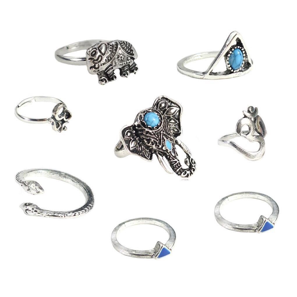 Bộ 8 nhẫn mạ bạc màu sắc cổ điển thiết kế nhiều kiểu phong cách Boho