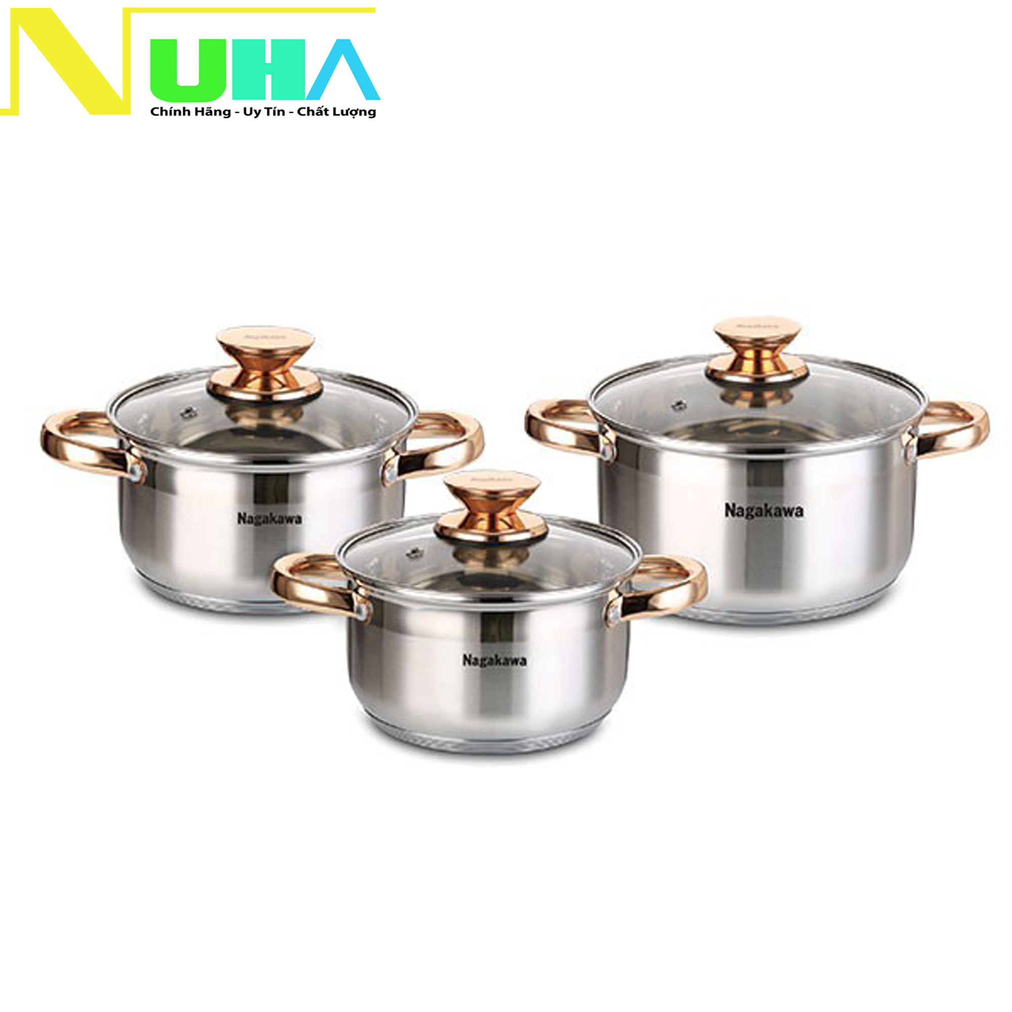 Bộ nồi inox 5 đáy từ Nagakawa NAG1301 quai núm màu vàng gồm 3 chiếc sử dụng được trên bếp điện từ - Dự kiến giao 24/6