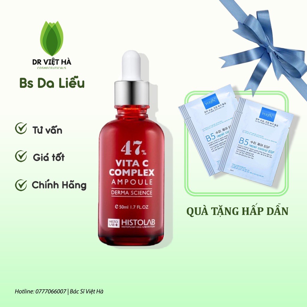Tinh chất dưỡng trắng, mờ thâm, se lỗ chân lông histolab 47% vita c complex ampoule derma science 50ml| bs hà da liễu