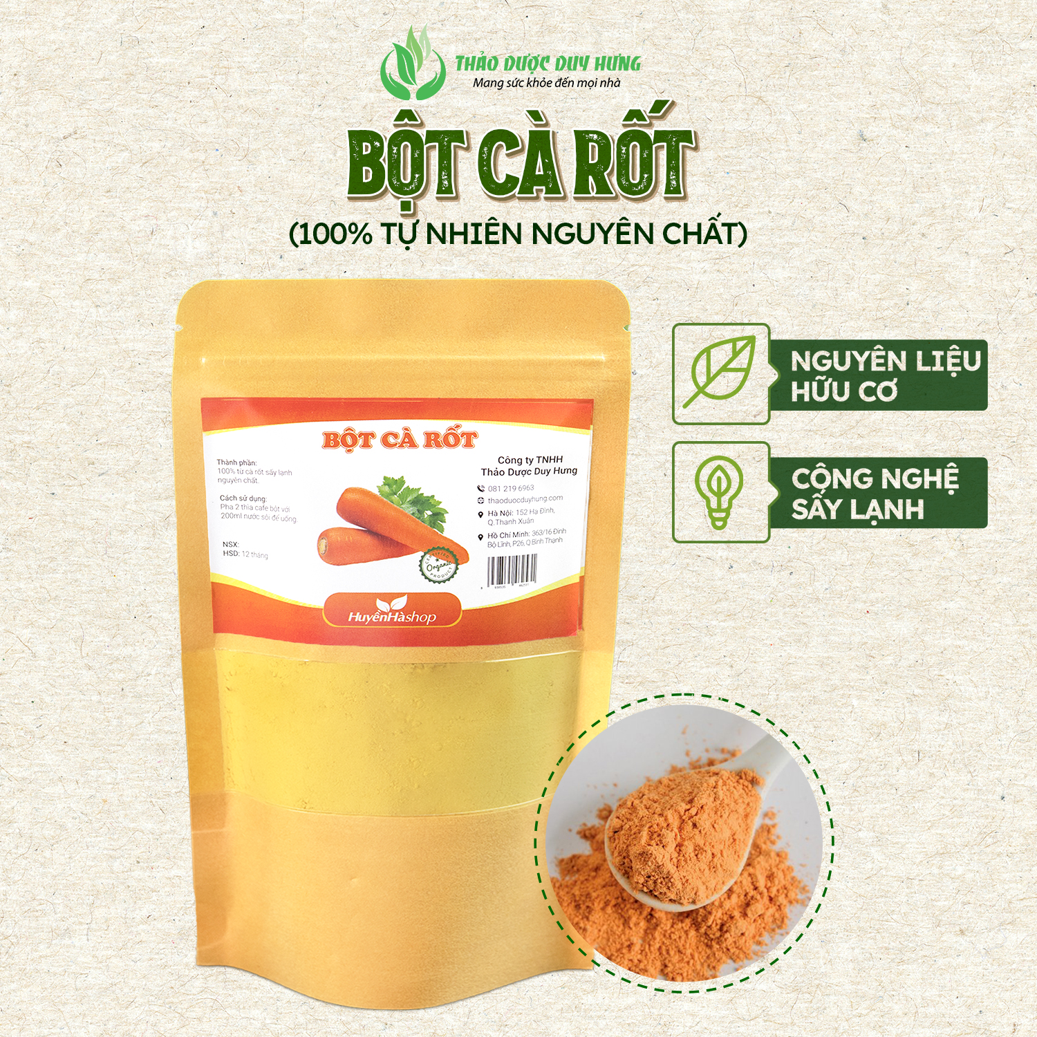 Bột củ cà rốt sấy lạnh nguyên chất Loại 1 - Bột thơm, mịn, giàu dinh dưỡng tạo hương vị cho các món ăn và làm đẹp da - Huyền Hà Shop