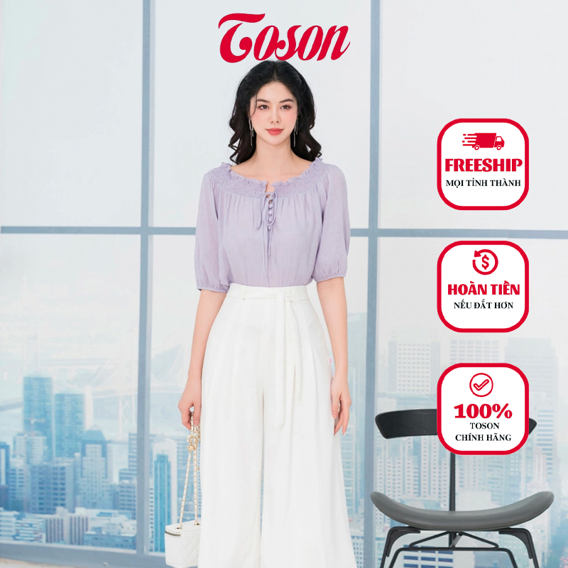 Áo lụa tím trễ vai, trang trí cúc bọc đính nơ nhỏ 14053T83 Toson