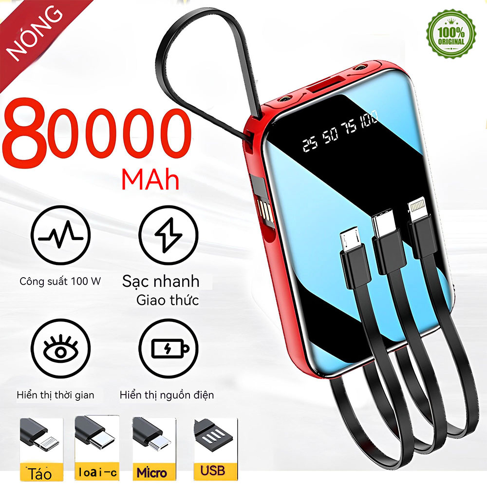 Sạc Pin Dự Phòng 80000/50000mAh sạc siêu nhanh 4 dây full công suất 66W PD mini pin dự phòng màn hình LED pin siêu mỏng