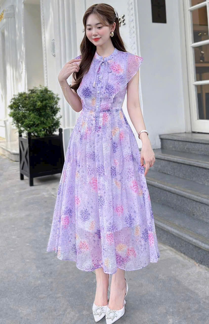 Đầm voan hoa cổ trụ tay cánh tiên from váy dài qua gối xoè nhẹ kiểu dáng nhẹ nhàng tiểu thư QC