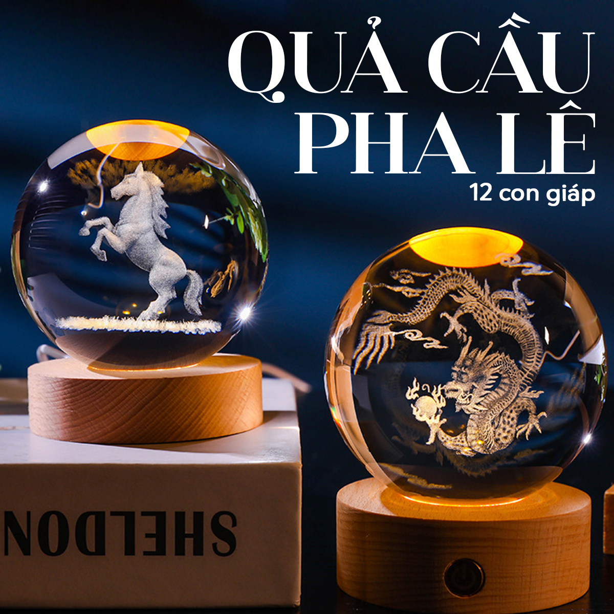 Đèn ngủ 3d quả cầu pha lê 12 con giáp phát sáng, quà tặng sinh nhật, quà lưu niệm, qùa tặng giáng sinh