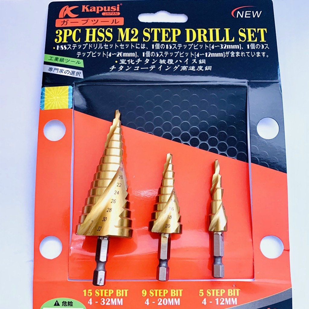 BỘ 3 MŨI KHOAN THÁP XOẮN KAPUSI JAPAN 4-32MM CHUÔI LỤC GIÁC - MŨI KHOAN TẦNG TIÊU CHUẨN NHẬT BẢN - MŨI KHOANG BƯỚC ĐA NĂNG THÉP HSS CAO CẤP