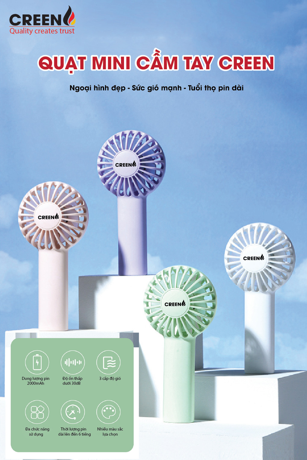 Quạt cầm tay mini 3 tốc độ, bảo hành 12 tháng chính hãng CREEN