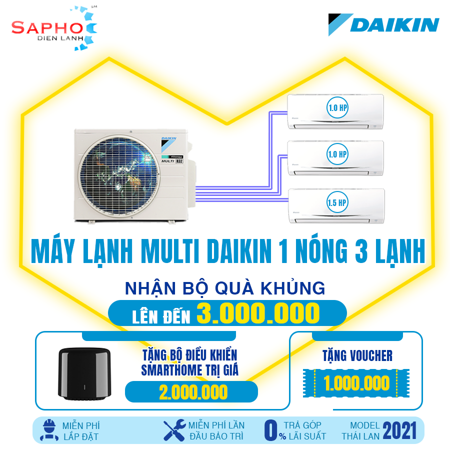 Hệ Thống Máy lạnh Multi S Inverter MKC50RVMV/1.0HP+1.0HP+1.5HP 1 Dàn Nóng 3 Dàn Lạnh Treo Tường Gas R32 Chính hãng Daikin Thái Lan Sản Xuất 2021