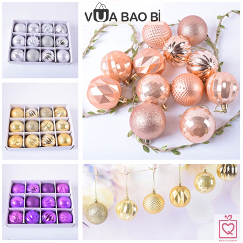 Hộp 12 quả châu Noel 6cm cỡ lớn họa tiết nổi, bóng trang trí giáng sinh treo cây thông Noel