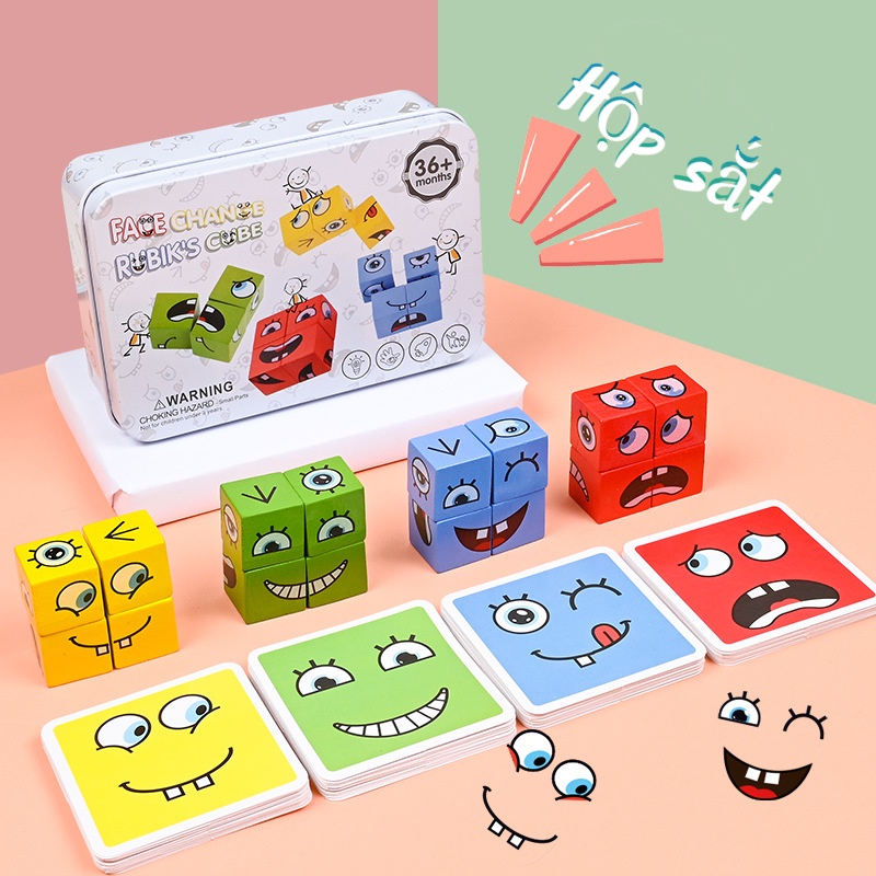 Bộ đồ chơi xếp hình khối gỗ Rubik's Hộp giấy cứng, Hộp thiếc khuôn mặt vui nhộn cho bé tăng cường trí tuệ, nhanh nhẹn