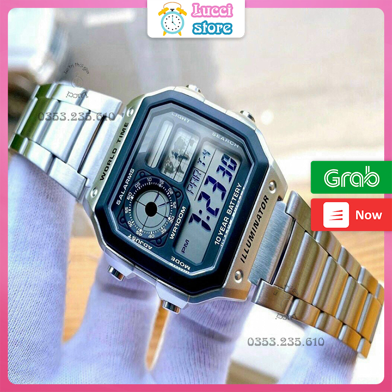 Đồng hồ casio, đồng hồ nam điện tử AE1200 dây thép không gỉ chống nước cao cấp
