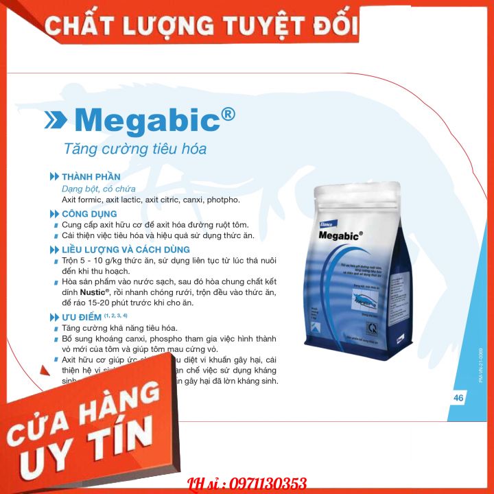 Elanco MEGABIC Cung cấp axit hữu cơ,Tăng cường khả năng tiêu hóa. Ức chế và tiêu diệt vi khuẩn gây bệnh TÔM CÁ