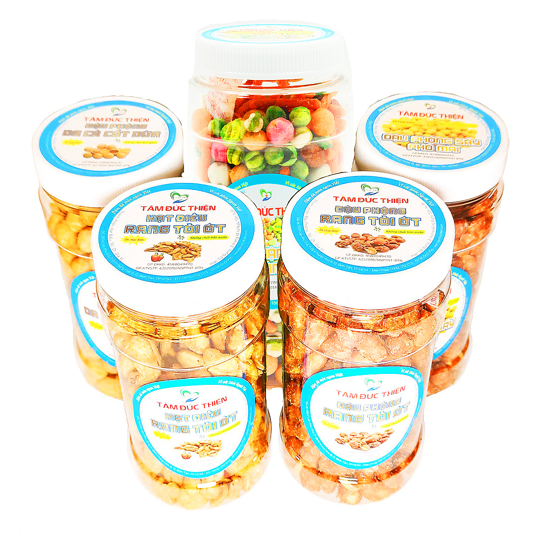 Combo 5 Hộp: Hạt Điều Rang Tỏi Ớt 170G và Bốn Hộp Đậu[Tùy Chọn Trong 10 Loại] Tâm Đức Thiện - Thực Phẩm Đóng Gói Đóng Hộp Ăn Liền – đồ ăn vặt bánh kẹo quà Tết