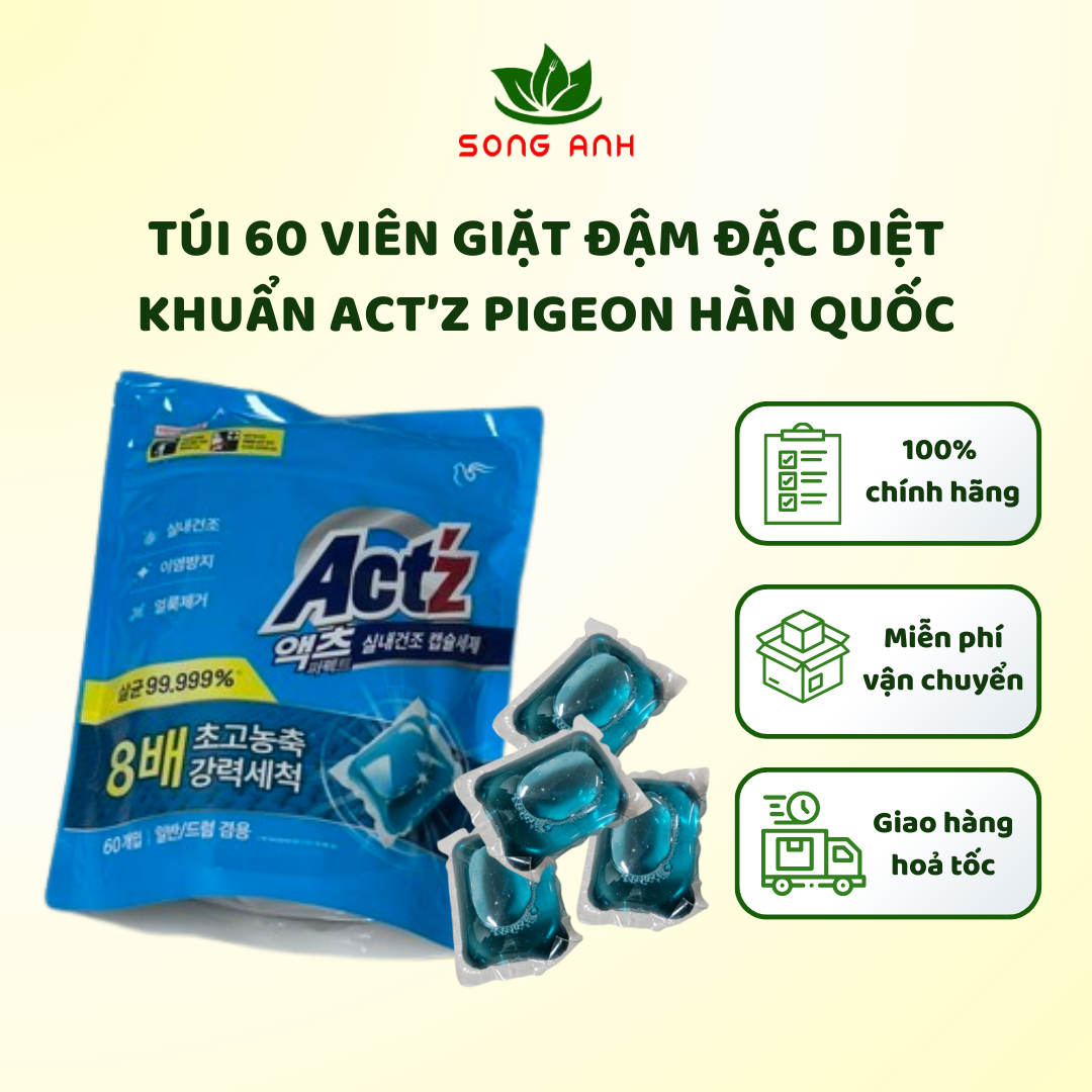 Viên giặt ACT'Z Hàn Quốc 8X đậm đặc túi 60 viên chuyên dụng phơi trong nhà, kháng khuẩn 99.9%