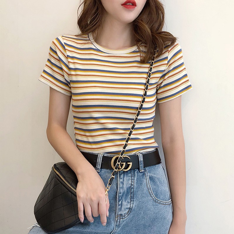 Áo croptop tay ngắn kẻ sọc ôm body siêu tôn eo - áo croptop tay ngắn cổ tròn họa tiết kẻ sọc cho phái nữ