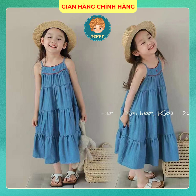 Set đầm jean hai dây kèm mũ cho bé gái