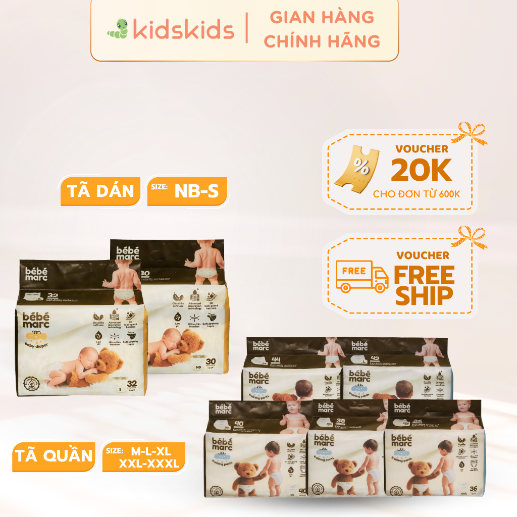 Tã Dán/ Quần Siêu Mềm Mỏng Nhẹ Dành Cho Bé bébémarc – Gói Lớn (Nhiều Size)