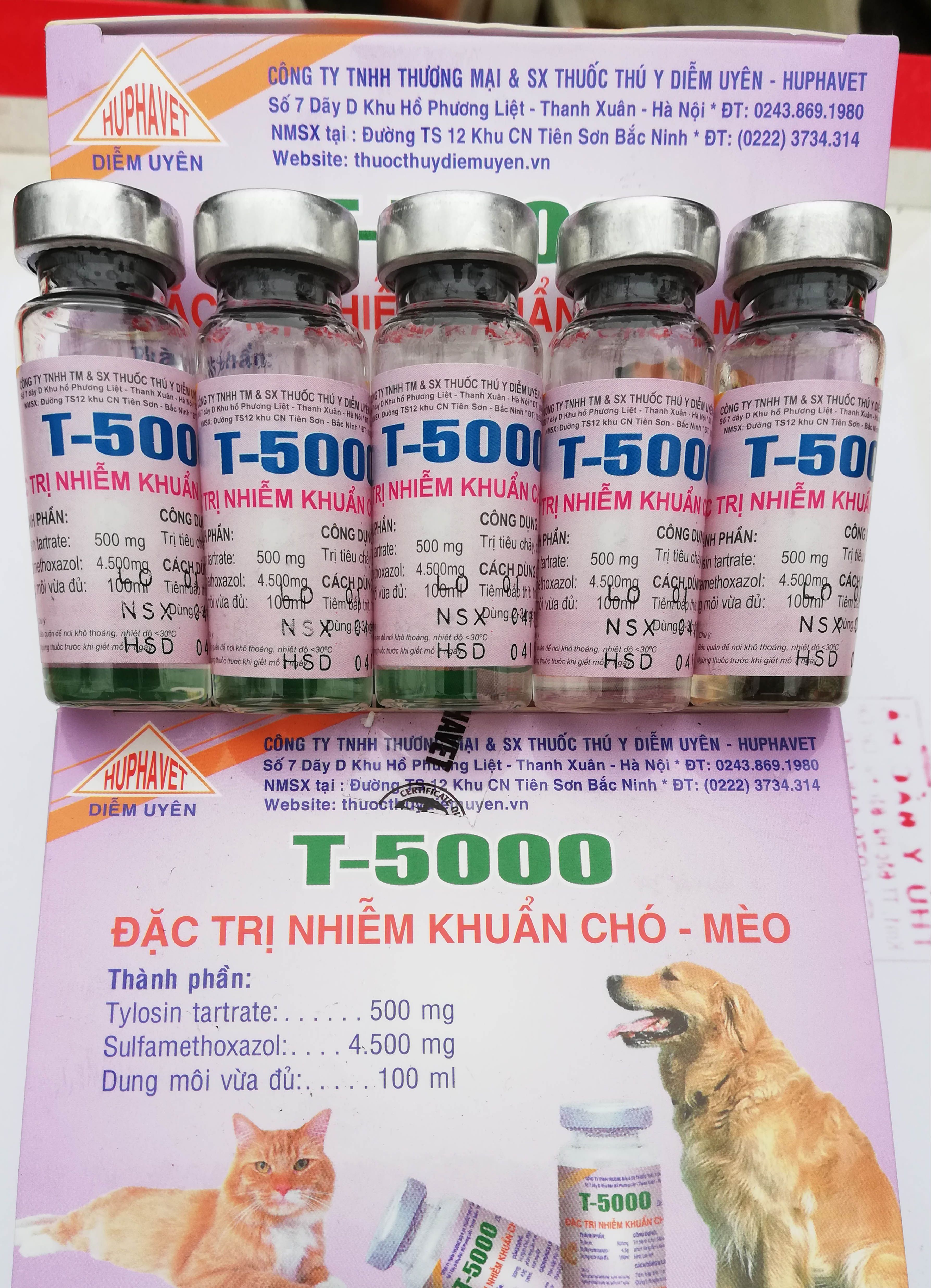 10 lọ T5000     10ml Chuyên dùng cho chó mèo, bỏ ăn , nôn mửa, ỉa phân lỏng,phân lẫn máu, viêm phổi