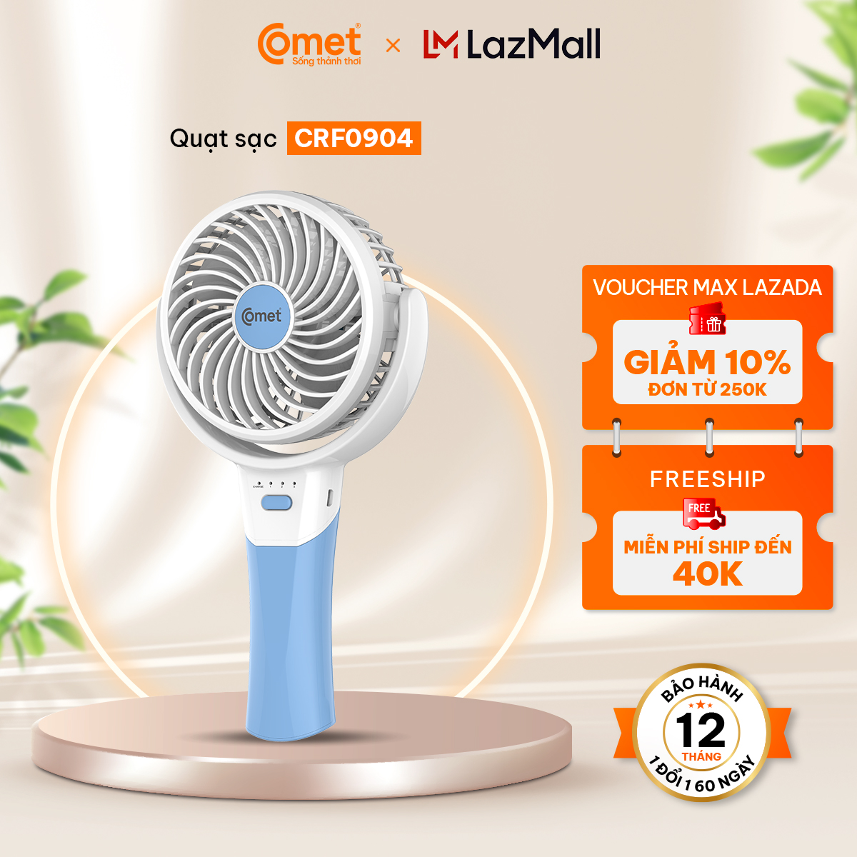 [ LIVE] Quạt sạc Cầm Tay mini Comet CRF0904 thiết kế hiện đại nhỏ gọn, đẹp mắt, Cổng sạc USB pin Lithium 3 cấp độ gió - Hàng Chính Hãng