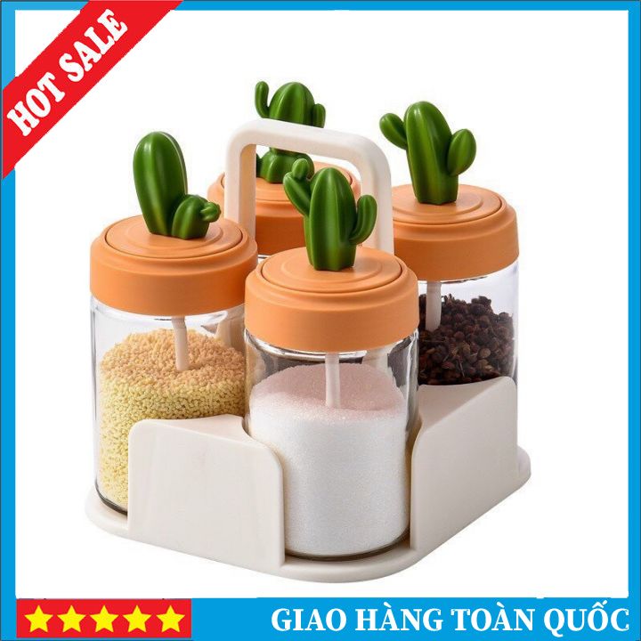 Hũ Đựng Gia Vị Thủy Tinh Xương Rồng Cao Cấp💕FREESHIP💕 Hộp Đựng Gia Vị Kèm Thìa Tiện Lợi