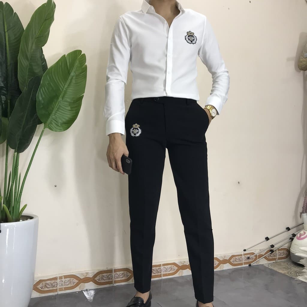 [HCM][ 1 Bộ Quần + áo ] Sơ mi Quần Âu thêu họa tiết thêu nhện vàng trẻ trung hiện đại 2020