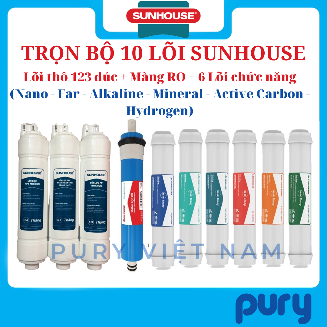Combo trọn bộ 10 lõi Sunhouse chính hàng , 123 + màng RO + lõi chức năng