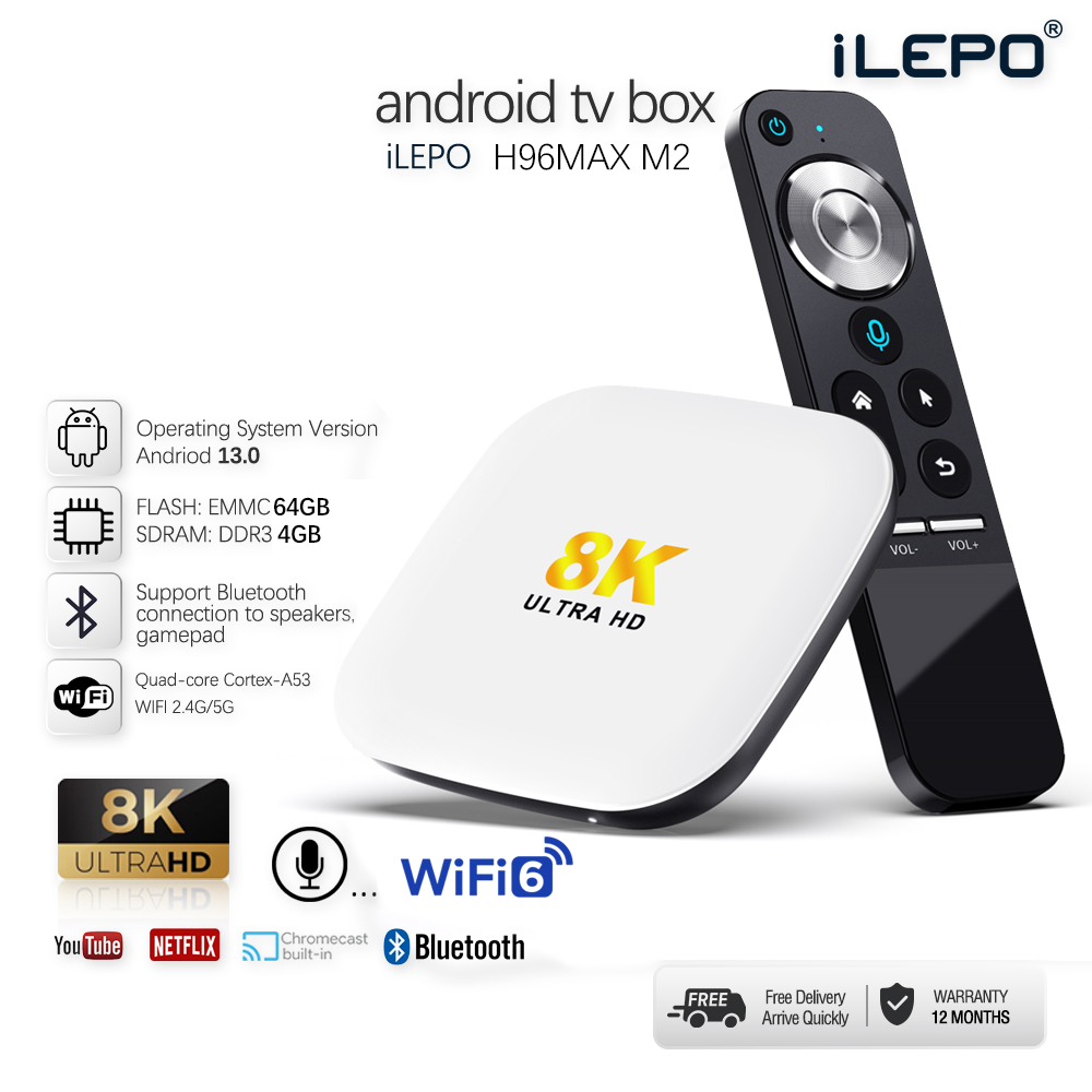 Android tv box Ram 4GB bộ nhớ 64GB Wifi 6.0 Bluetooth 5.0 android 13.0 chip xử lý cực nhanh remote giọng nói bảo hành 12 tháng H96MAX M2 Tv box