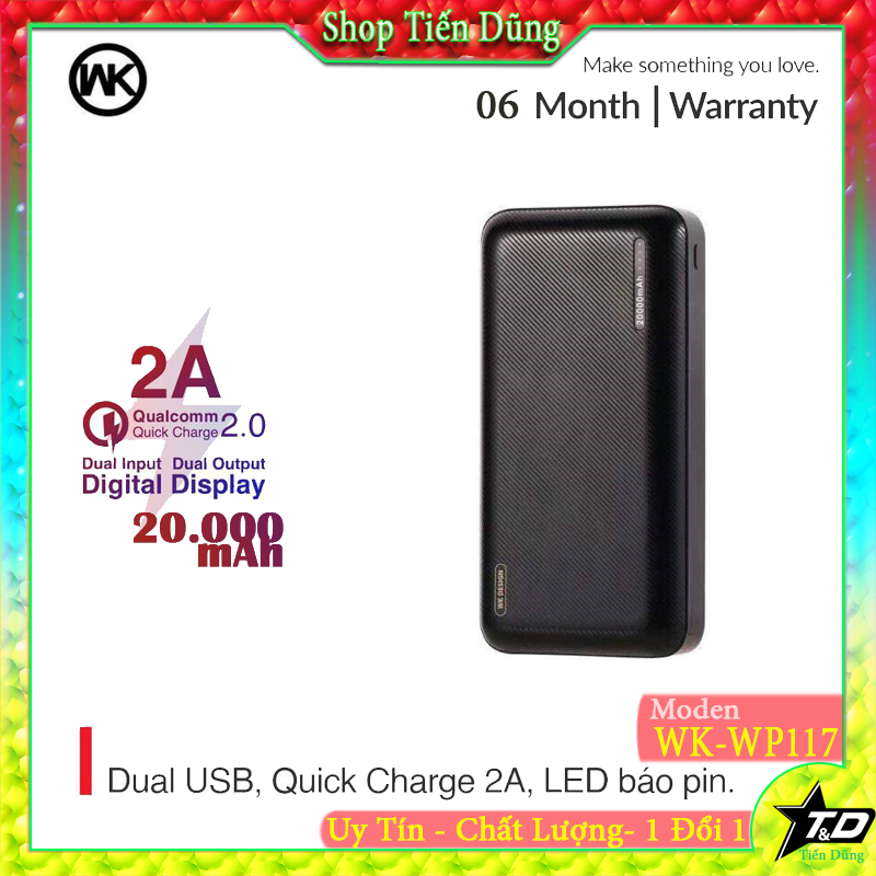 Wk wp117 pin dự phòng remax wk wp-117 herze 20000mah 2 cổng usb