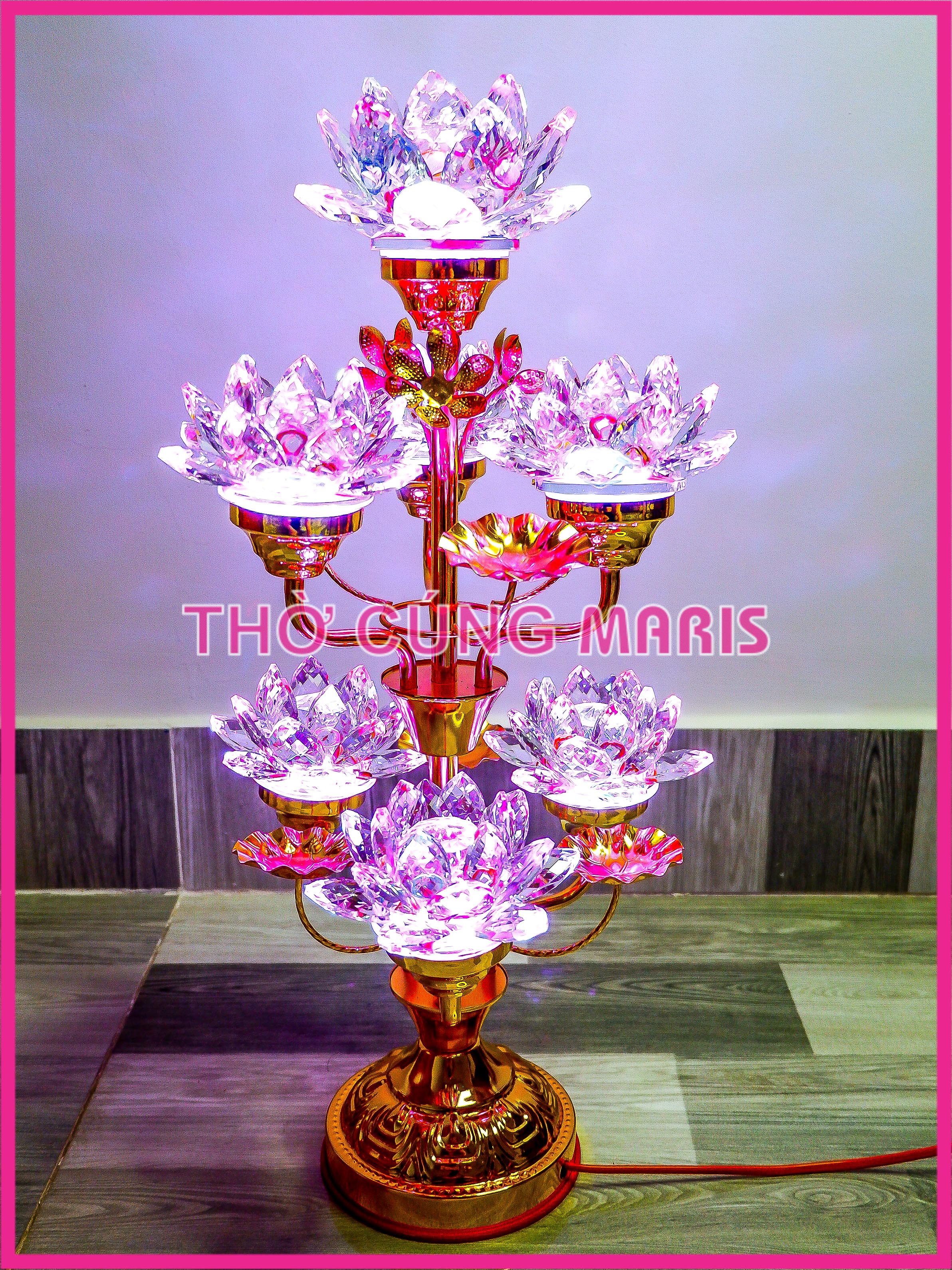  Đèn bàn thờ hoa sen Pha Lê 7 bông CAO 50cm để bàn thờ Phật Gia Tiên Thân Mạ Đồng mạch LED tự động đổi màu dễ thay thế 