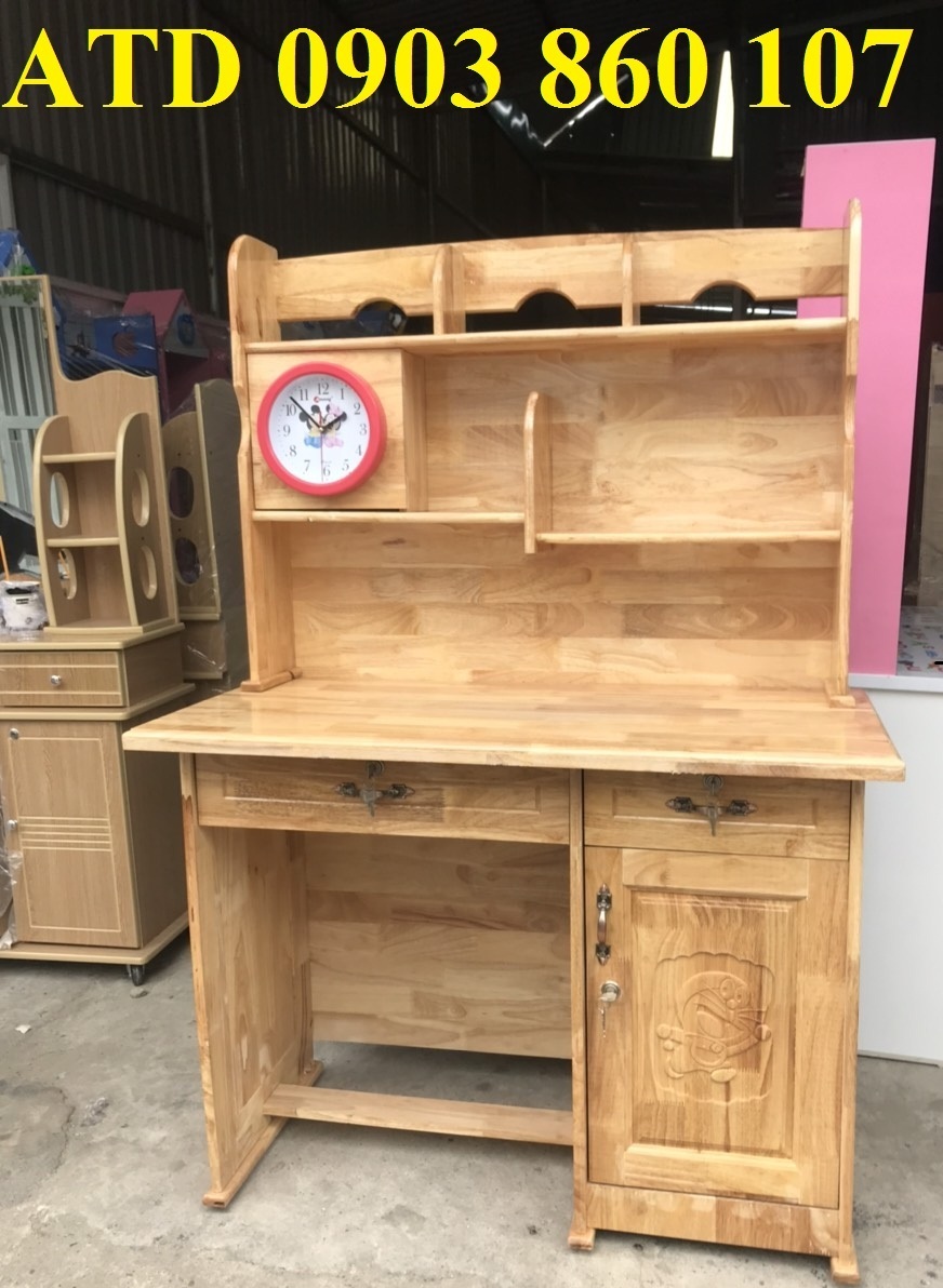 [HCM]Bàn học sinh liền kệ sách gỗ thông cao cấp y hình 100% có đồng hồ hcm
