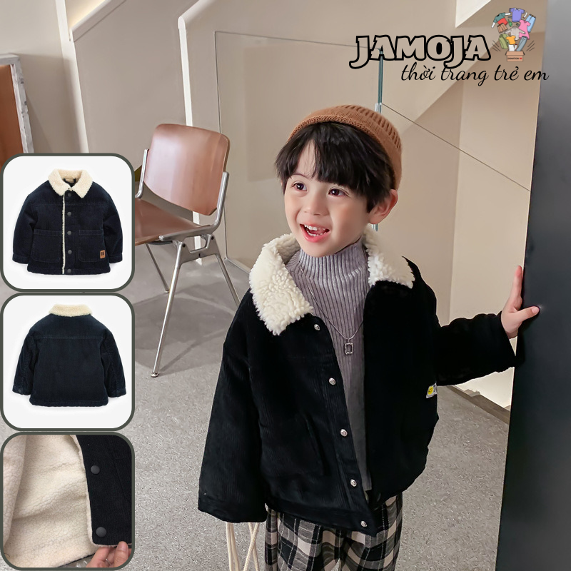 Áo khoác bé trai nhung đen lót lông cừu cao cấp mềm mại ấm áp hàng xuất dư JAMOJA