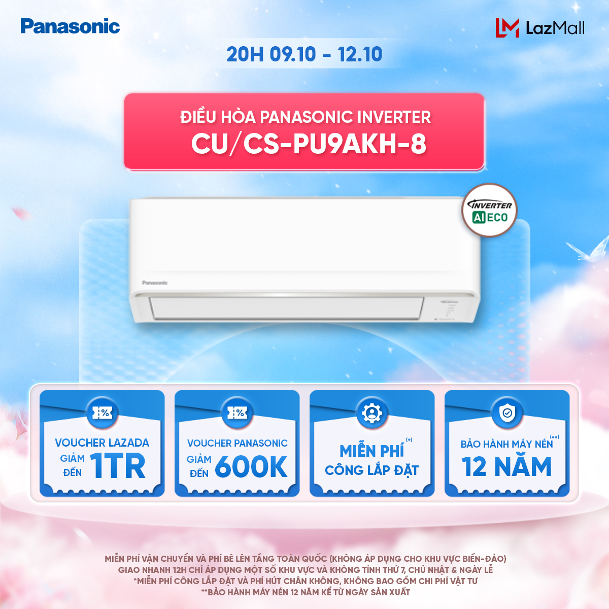 Máy lạnh/ Điều hòa Panasonic Inverter CU/CS-PU9AKH-8 - Công suất 1HP - Một chiều - Eco AI - Lọc không khí bụi mịn - Wifi
