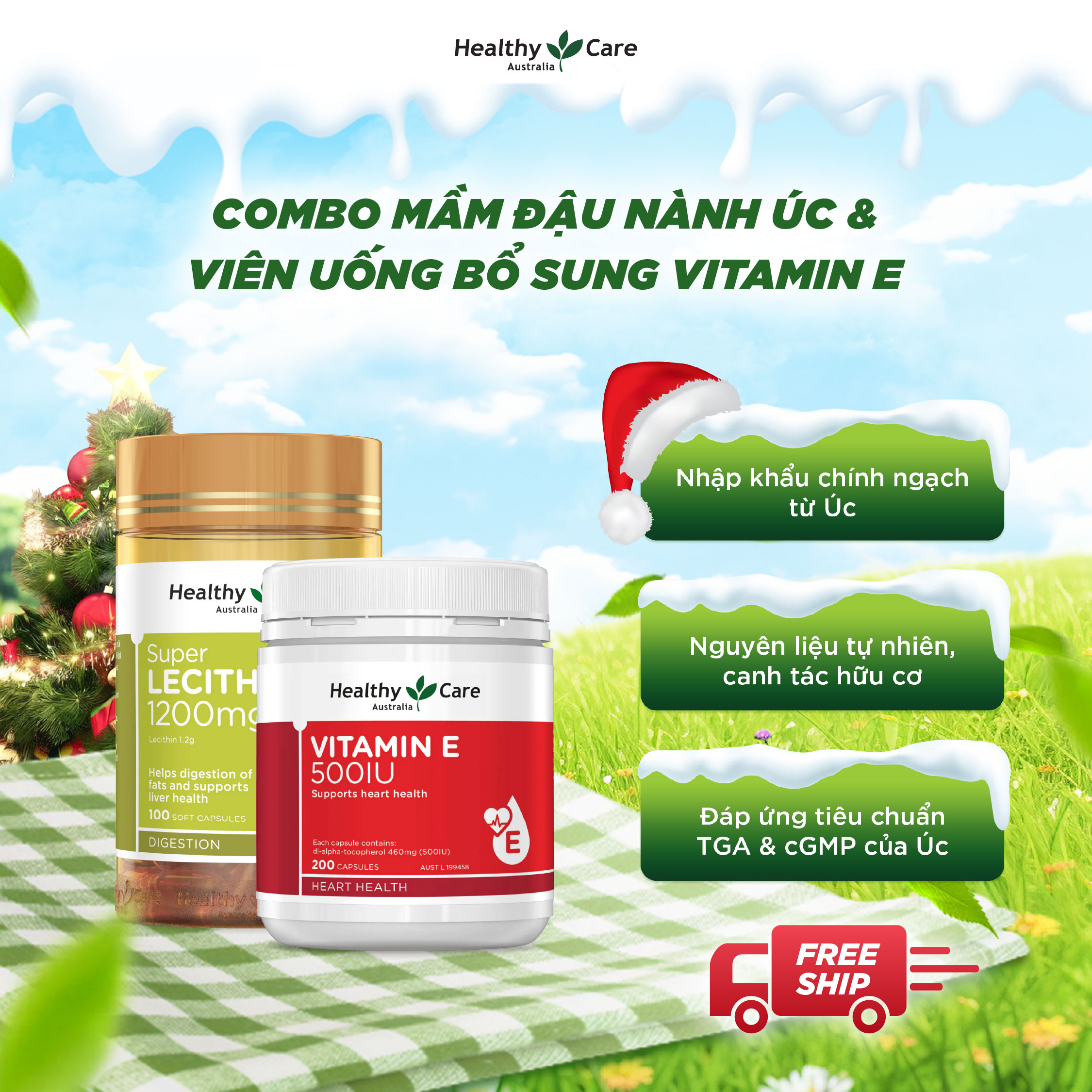  Combo Mầm Đậu Nành Healthy Care Lecithin 1200mg 100 Viên Và Viên Uống Bổ Sung Vitamin E 500IU 200 Viên 