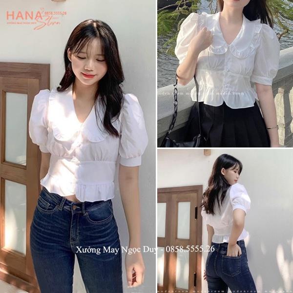 ✆ Áo sơ mi nữ cộc tay ngắn lỡ cổ sen viền bèo công sở đi học biển - Áo sơ mi trắng cổ sen bèo croptop vải lụa mát học sinh